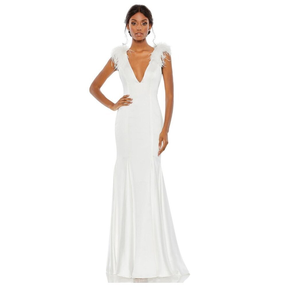 NWT Mac Duggal Feather Shoulder V-Neck Column Gown White 8 #7717